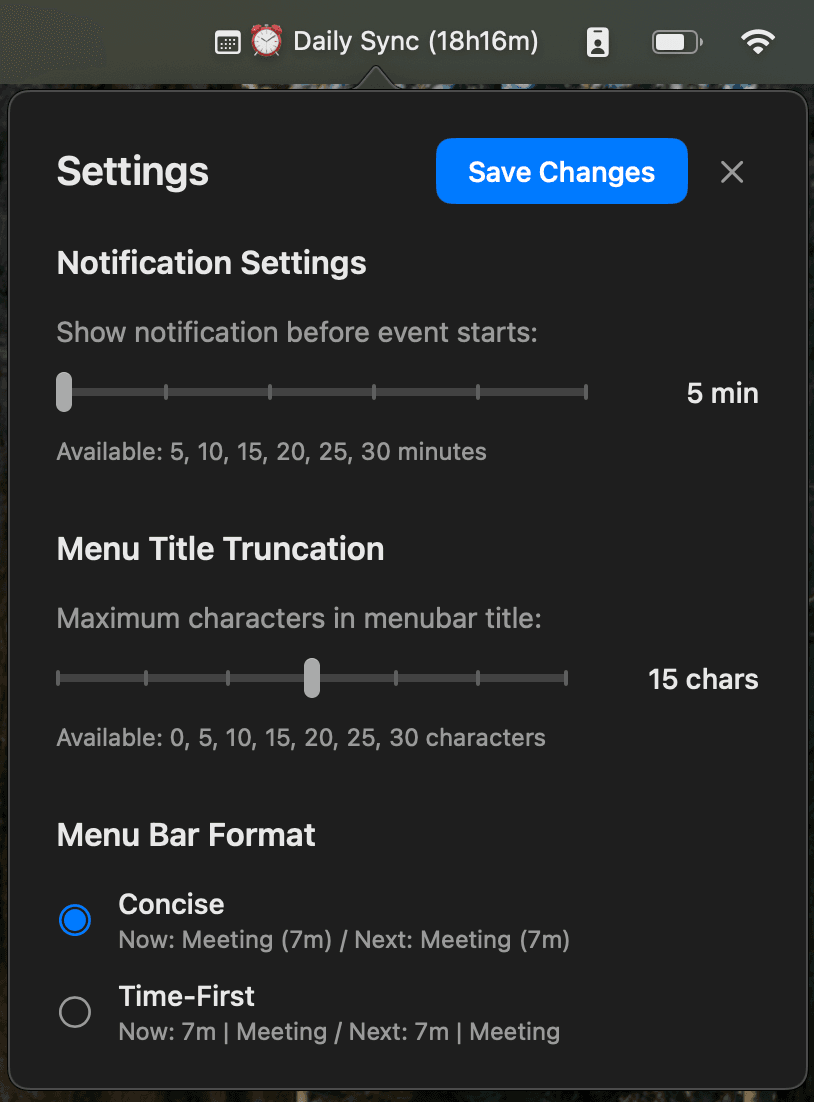 Settings screen